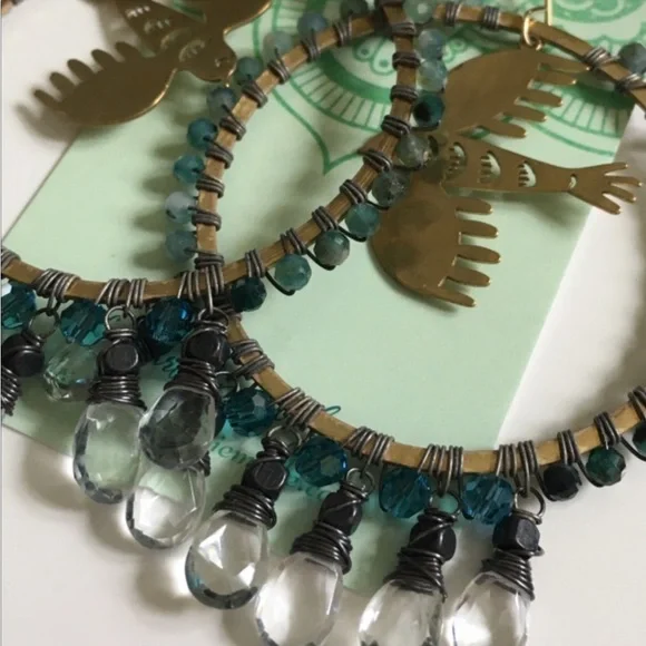 Hoop Earrings Aquamarine & Chrysocolla Brass Bird 🧿 🕊️ - Picture 8 of 8